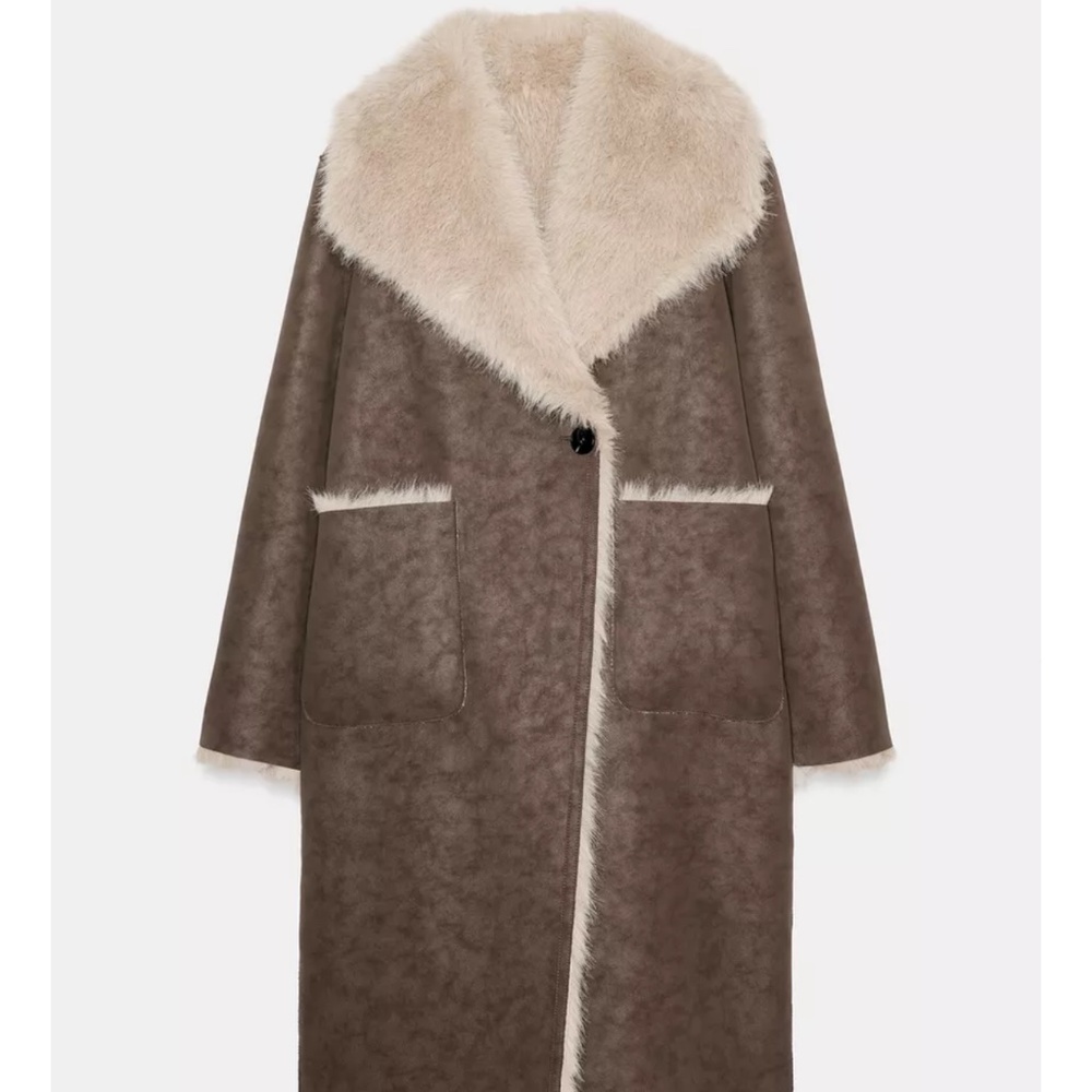 Zara Brown and Cream Faux Fur Coat